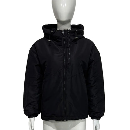 Women's loose-fit hooded shell jacket in black, grey, or purple.