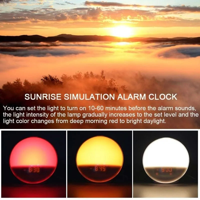 Sunrise alarm clock wake up light with wood grain base, 16x16x6cm, USB powered, voice control, two alarms