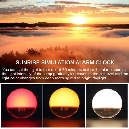 Sunrise alarm clock wake up light with wood grain base, 16x16x6cm, USB powered, voice control, two alarms