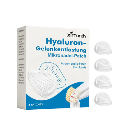 Four hyaluronic acid joint relief microneedle patches with herbal ingredients on a PE backing.