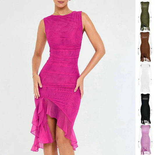 Chic sleeveless sheath dress in various colors, featuring a unique collage/splicing design and a form-fitting silhouette
