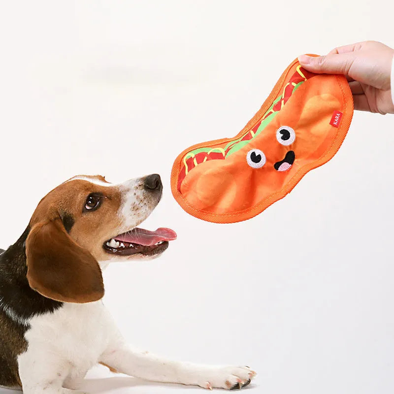 Hamburger-shaped crinkle and squeaky dog toy with vivid colours for puppies and dogs