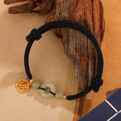 Silver geometric Hetian Jade peace buckle bracelet with carrying strap in black or wine red