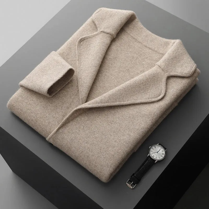 Men's cashmere lapel collar cardigan jacket in light gray colour showing loose fit and knitted texture