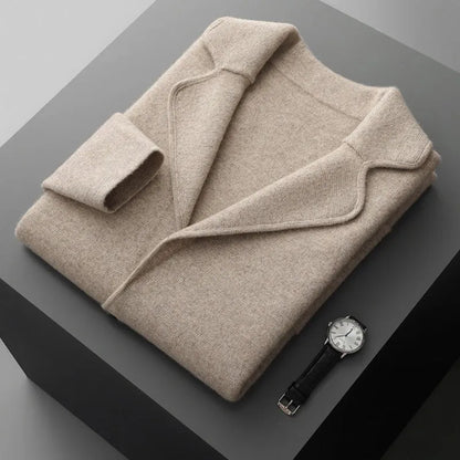 Men's cashmere lapel collar cardigan jacket in light gray colour showing loose fit and knitted texture