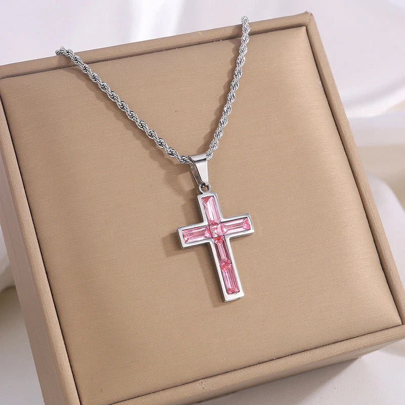 Elegant European and American-inspired diamond cross necklace with unique geometric design and vibrant, fade-resistant finish