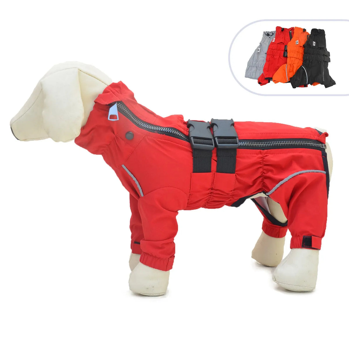 Four legged dog raincoat in polyester, available in black, orange and red, sizes XS to 5XL and B/D sizes