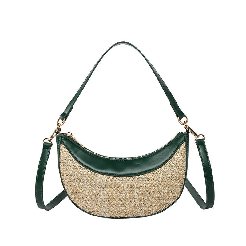 Women's straw crossbody dumpling bag in dumpling shape with contrast stitching details
