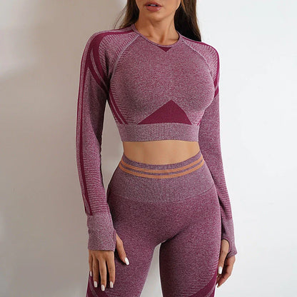 Seamless yoga leggings and long sleeve workout tops in various colors and styles