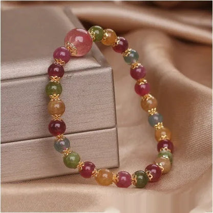 Women's 10mm tourmaline strawberry quartz bracelet with round beads and manual craftsmanship