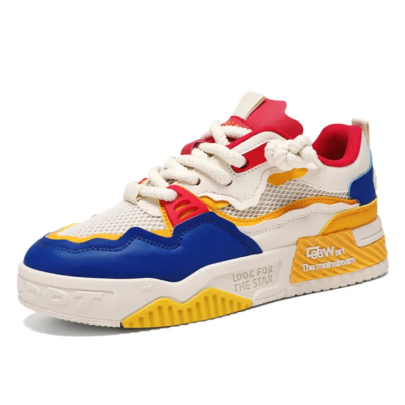 Men's low-top board shoes in beige, white and black, and white and yellow colour options.