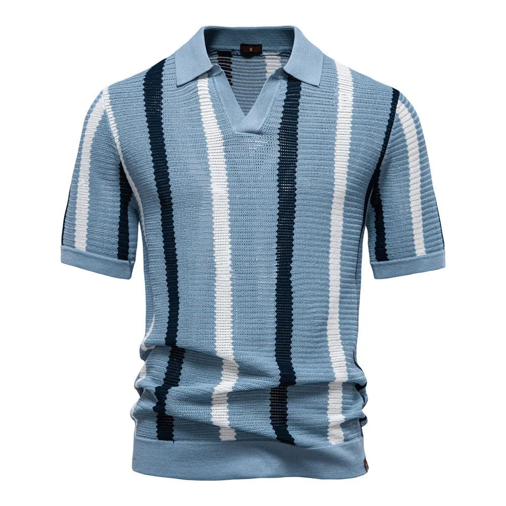 Men's breathable hollow stripe polo shirt sweater in chemical fibre blend fabric for business wear