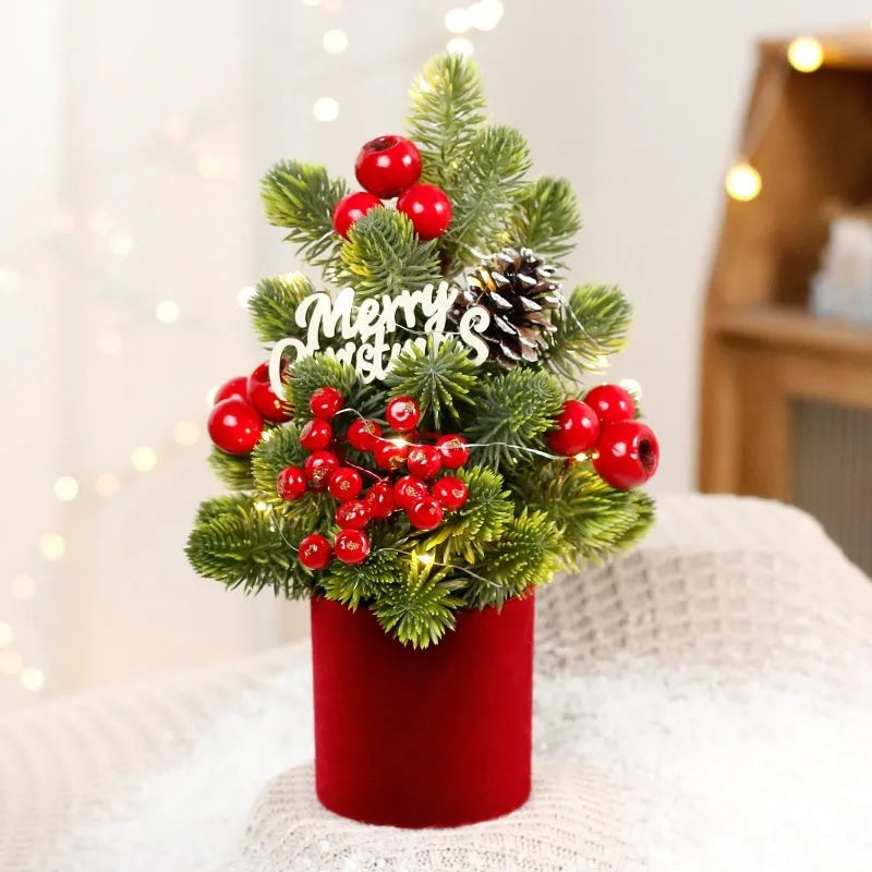 32cm tall desktop Christmas tree with LED-lit pine cone ornaments in red, champagne, or dark brown.
