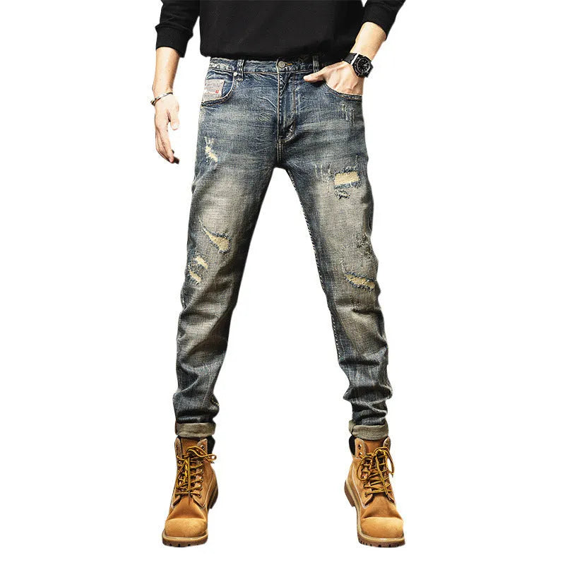Men's vintage blue straight-leg jeans with a fleece lining and drawstring waist closure.
