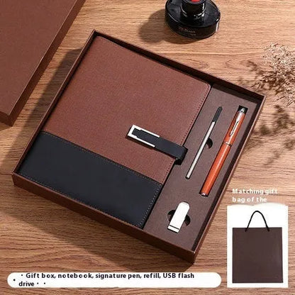 A5 soft PU leather notebook in Business Brown colour, showing thick wood-free paper inside.