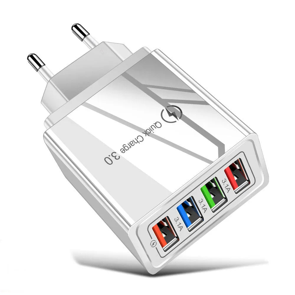 Four-port USB mobile phone charging head with luminous indicator in multiple colour options