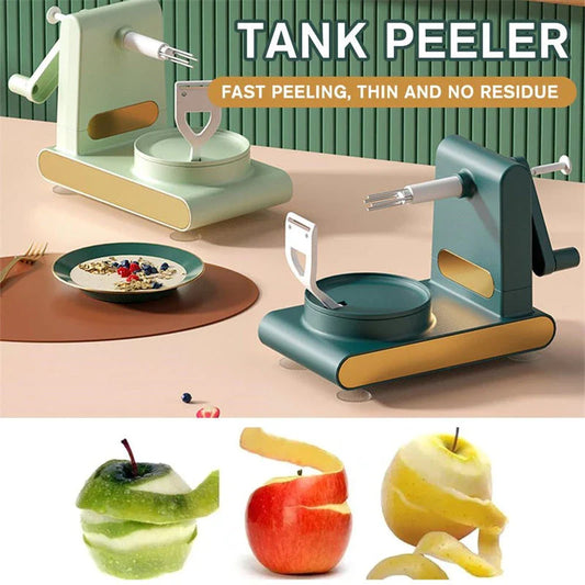 Versatile hand-cranked fruit and vegetable peeler machine with non-slip suction base and safe hand guard for effortless kitchen prep