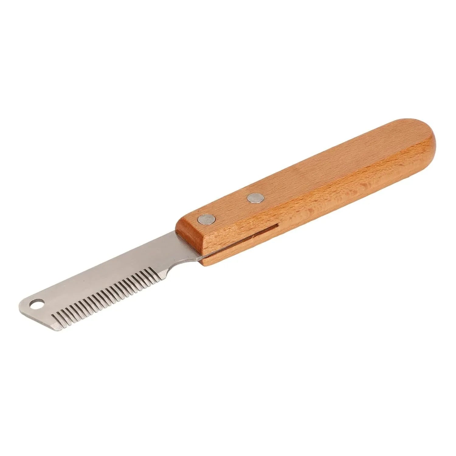 Dog stripping comb grooming tool with wood handle and metal blade for removing hair.