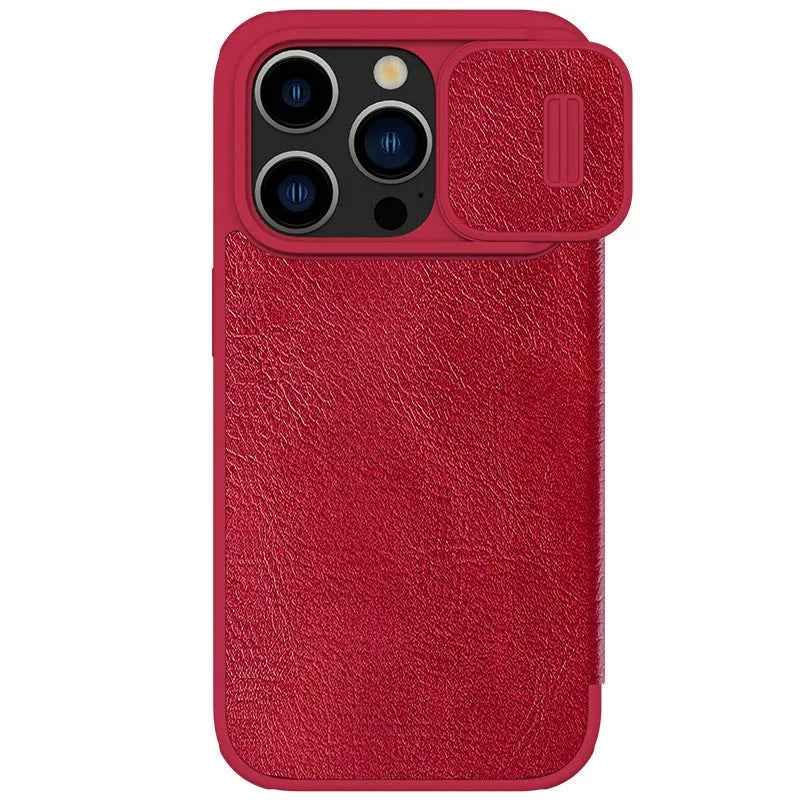 Imitation leather flip phone case for iPhone, shown in black, brown, and red colours.