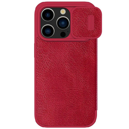 Imitation leather flip phone case for iPhone, shown in black, brown, and red colours.