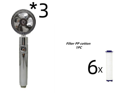 A high-pressure handheld shower head with a turbo-charged water flow and a cotton filter for a luxurious, spa-like bathing experience.