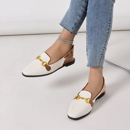 Women's closed toe half slippers with low chunky heel, linen upper, sizes 35-41, black or brown