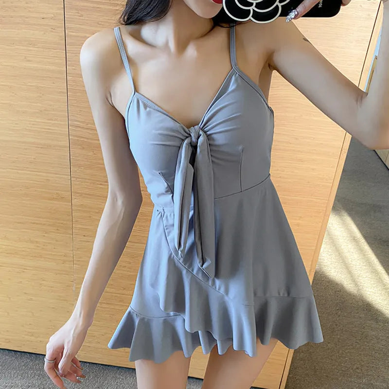 Women's long sleeve one-piece swimsuit set in solid grey with milk silk fabric and polyester lining, sizes S to 3XL