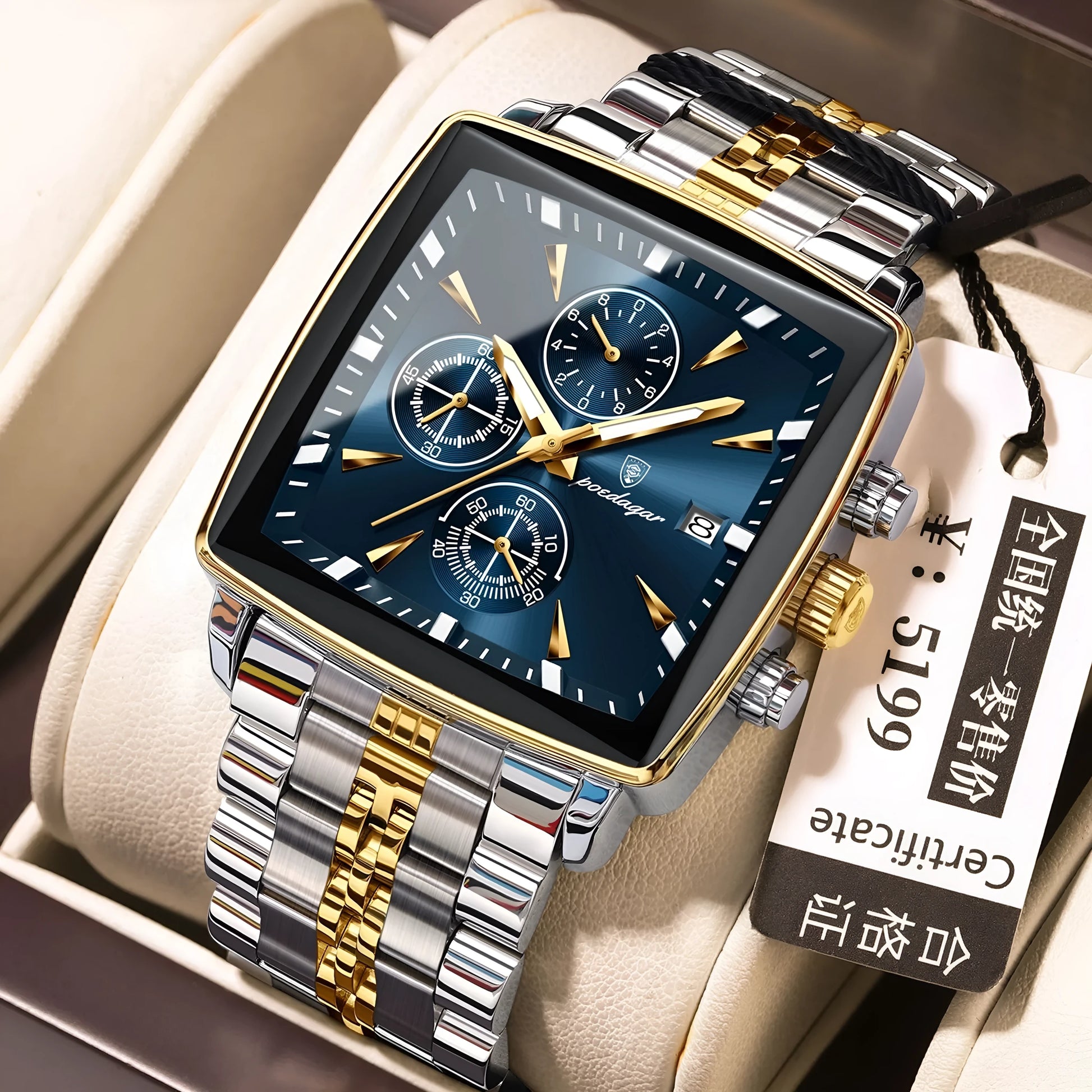 Square men's business watch with stainless steel strap and alloy case in a gold and blue colour variant.