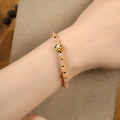 Hand-woven gray moonstone fairy lucky bracelet with sunstone and strawberry quartz peach blossom crystals