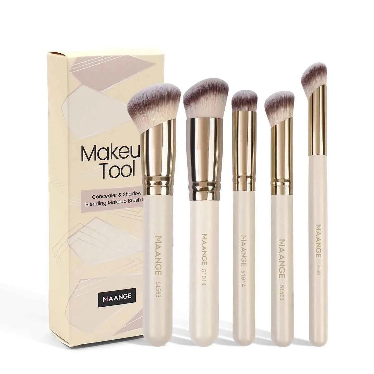 Apricot-coloured angled blush brush and four other synthetic makeup brushes on a white background
