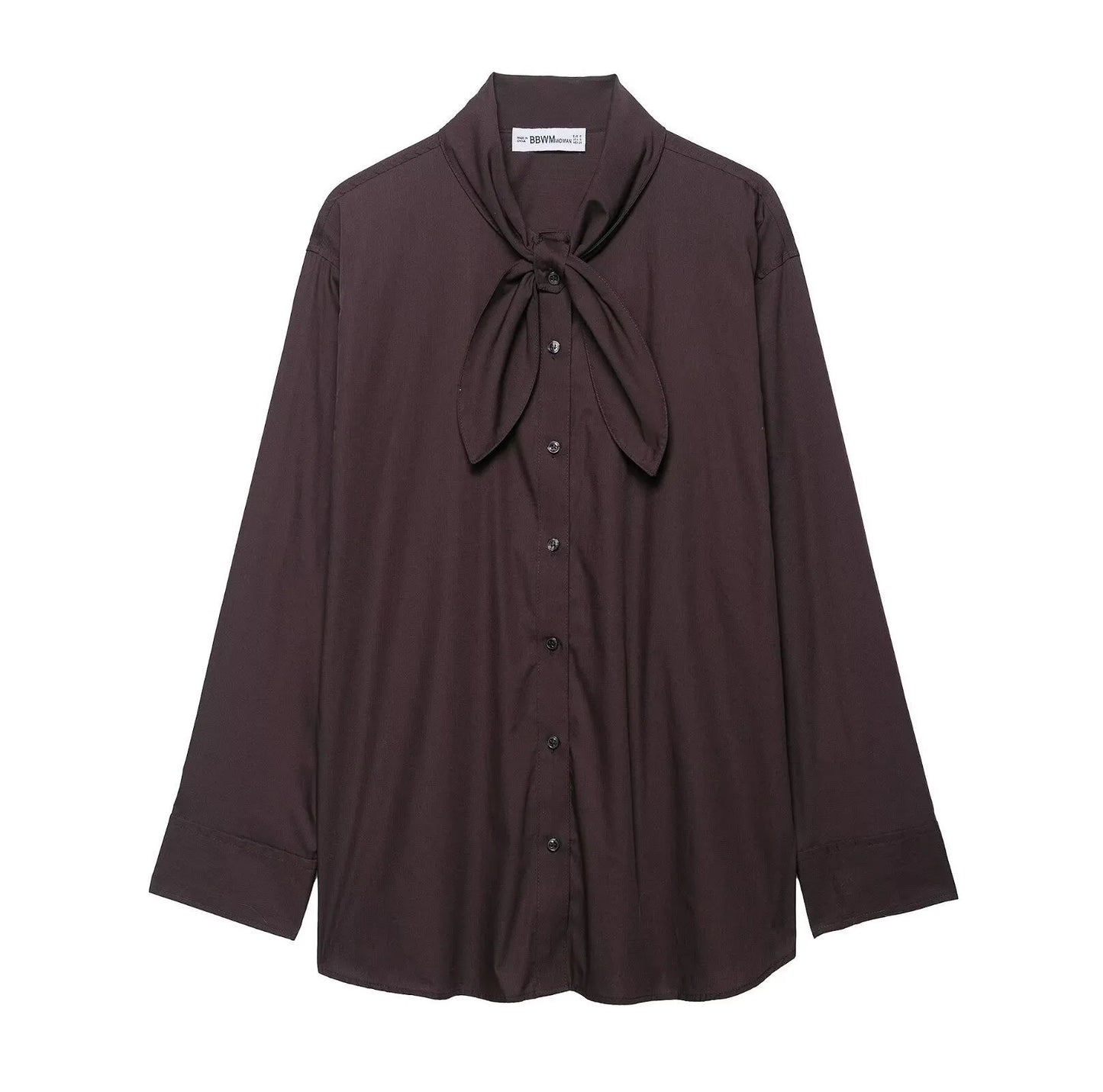 Brown women's loose-fit poplin shirt with long sleeves and an attached bow tie scarf.