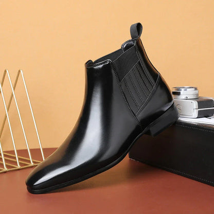 Sleek and sophisticated men's Chelsea boots with pointed toe and square heel design in black and brown colors