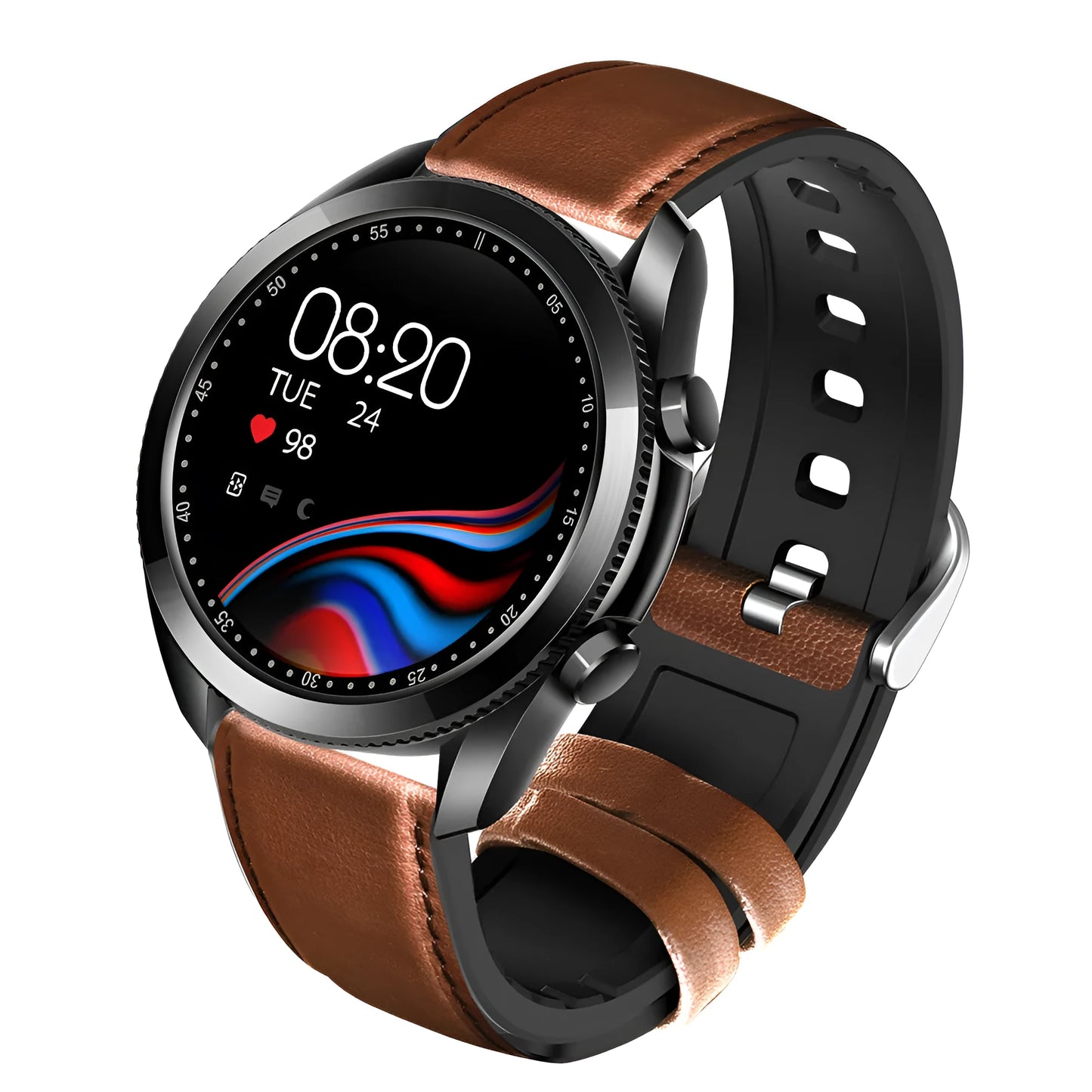 UM90 black smartwatch with leather strap showing large screen displaying heart rate and call function.