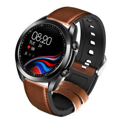 UM90 black smartwatch with leather strap showing large screen displaying heart rate and call function.