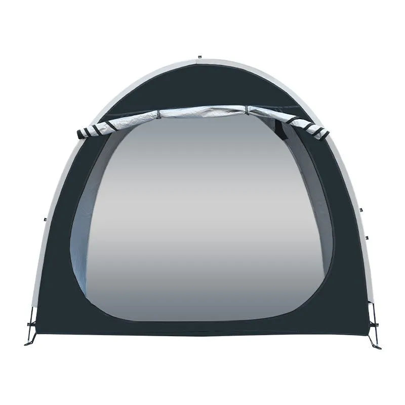Large black outdoor roof tent for storing two bicycles, showing full assembly with brackets.