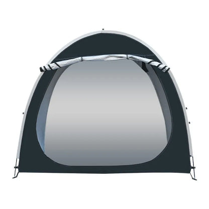 Large black outdoor roof tent for storing two bicycles, showing full assembly with brackets.