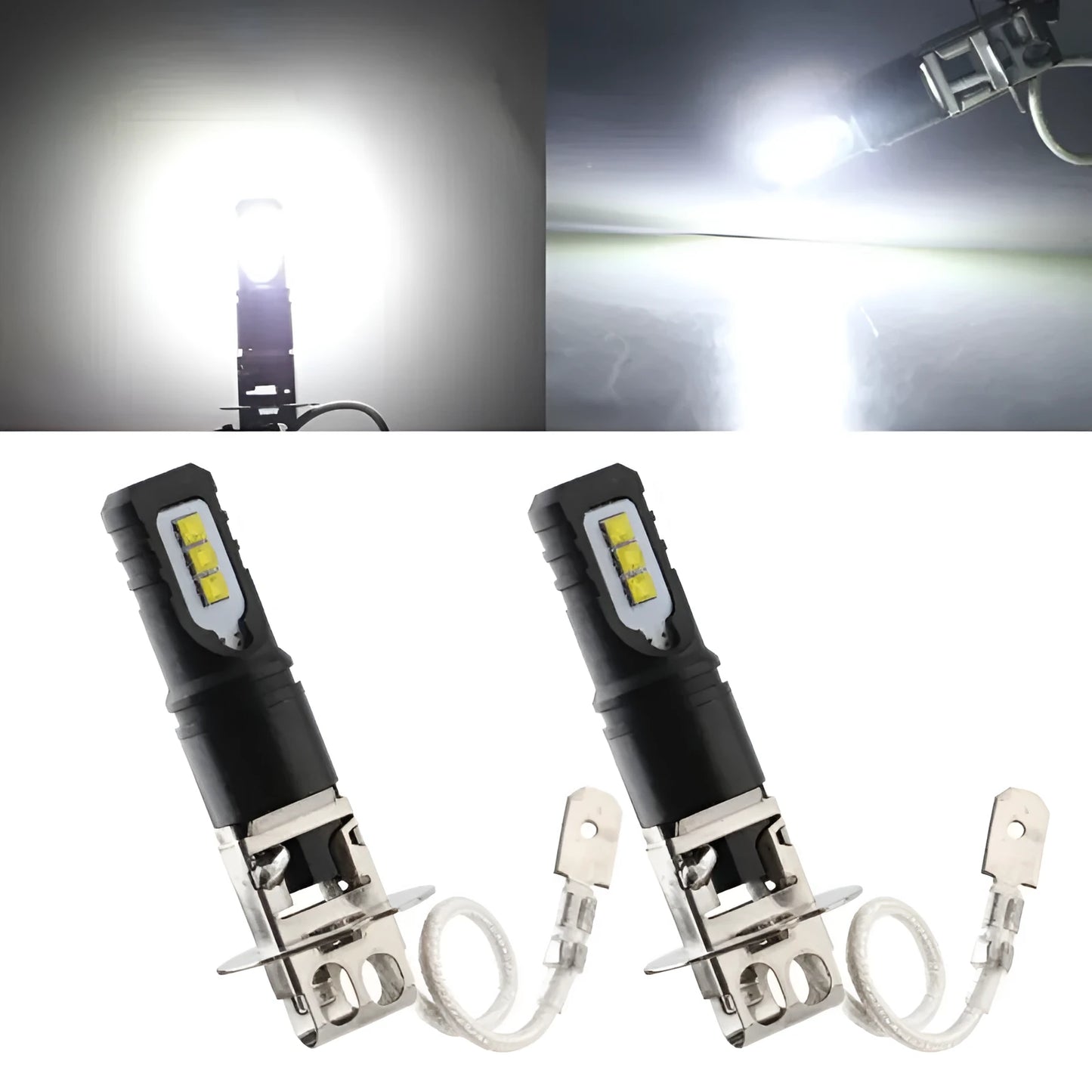 Aluminium alloy car fog lamp bulb for H1 and H3 formats with white 6500K light.