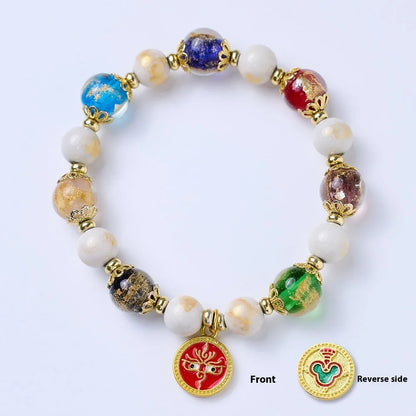 Handmade fragrant gray porcelain bracelet with five Gods of Wealth design in coloured glaze glass