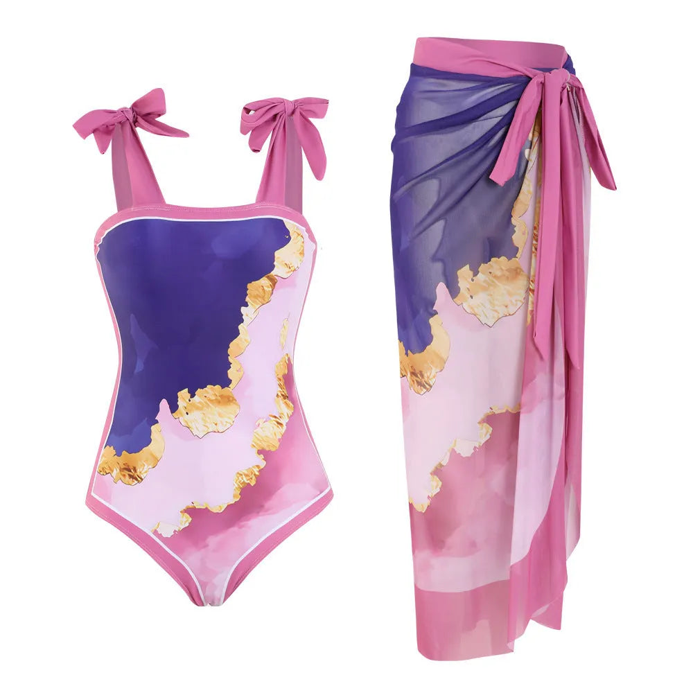Floral print one-piece swimsuit with separate skirt in polyester fabric for swimming