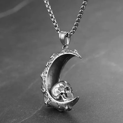 Men's silver electroplated skull necklace with stainless steel chain and alloy pendant showing six design options