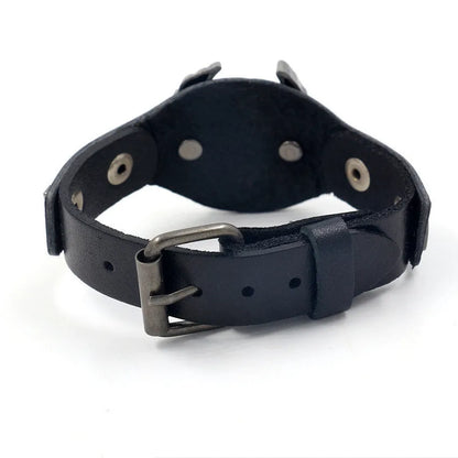 Black geometric leather bracelet with a detailed alloy eagle watch buckle closure.