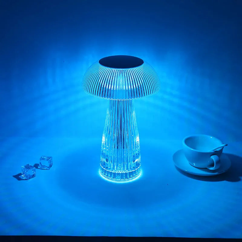 White jellyfish crystal table lamp with colour-changing lights on acrylic base