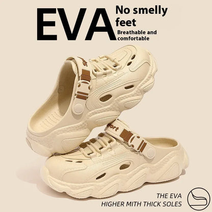 Men's khaki and black outdoor summer slippers with hollow-out breathable design and EVA soles