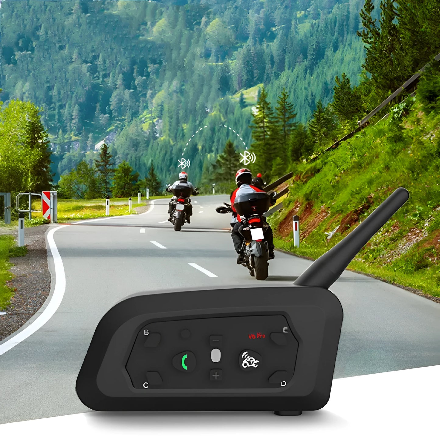 V6 Pro motorcycle Bluetooth intercom unit with headset and mounting kit on a helmet.