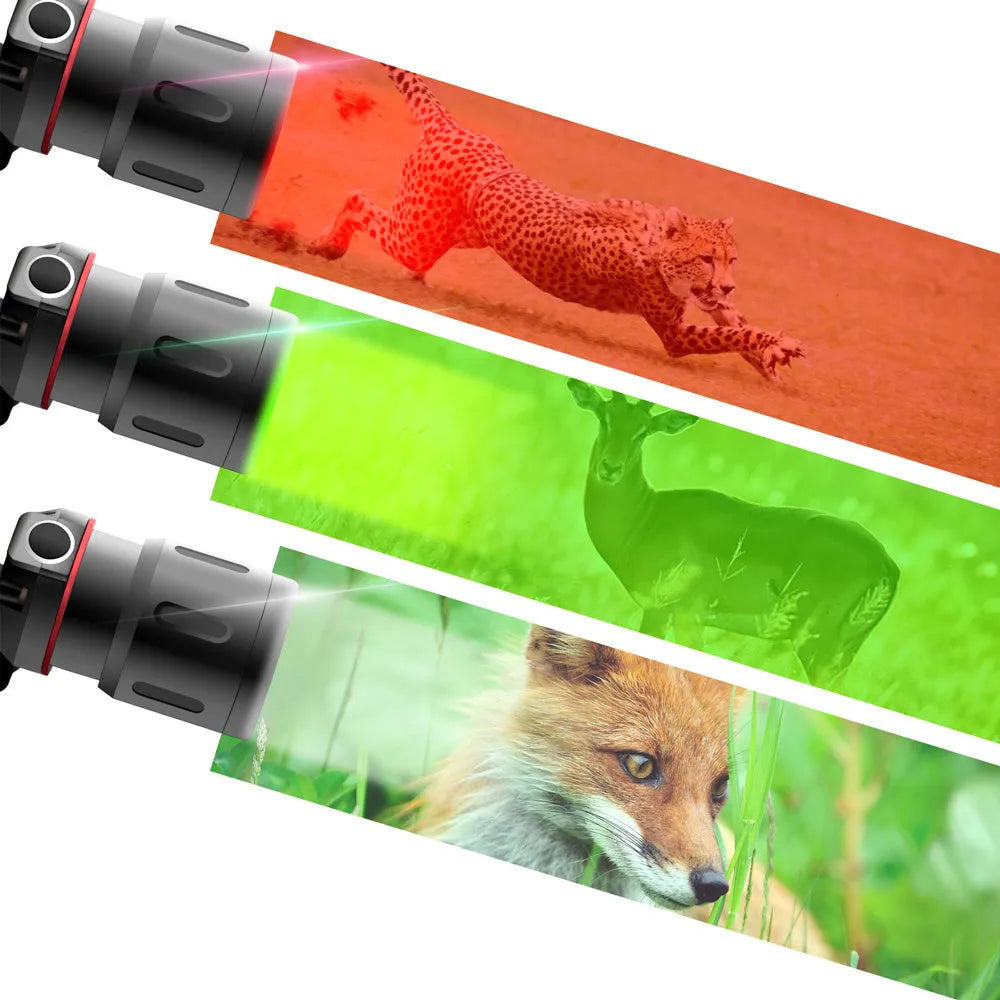 T6 LED zoom headlamp showing white, green, and red light modes with adjustable focus and USB charger.