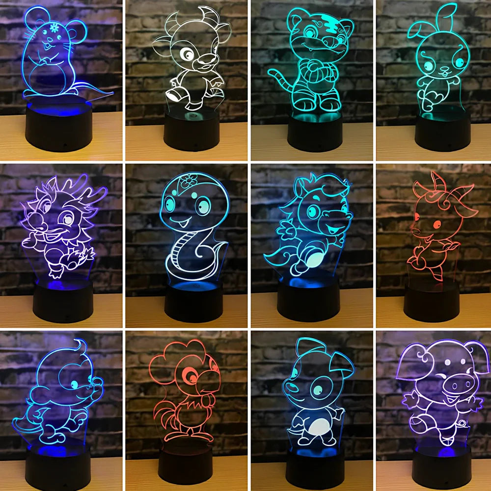 Zodiac LED night light in ox model on ABS base, showing touch-activated seven colours and 87x87x41mm dimensions