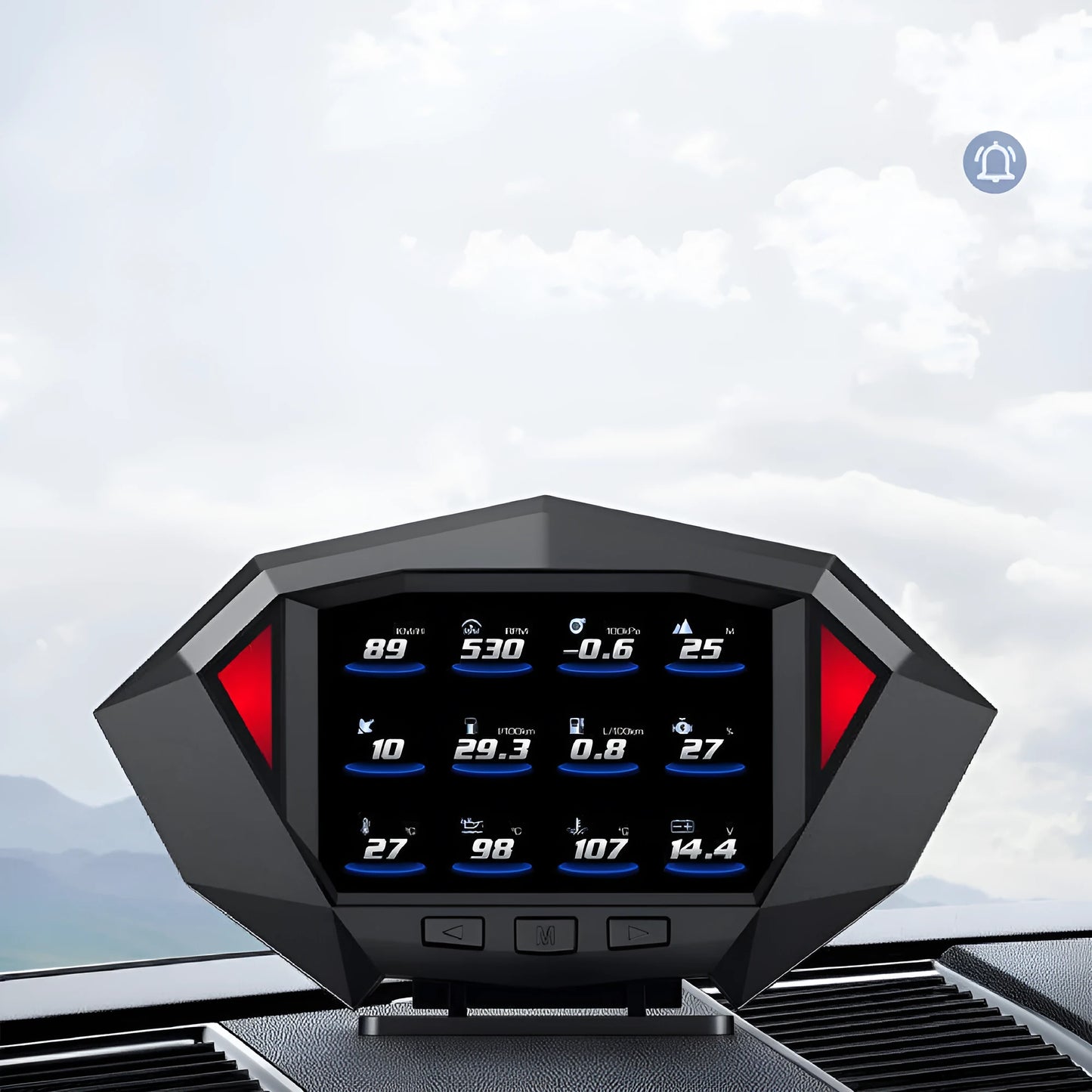 P1 black HUD display unit with OBD cable on a car dashboard