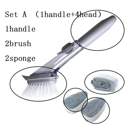 Long-handled 2-in-1 kitchen cleaning brush with removable brush head and integrated sponge