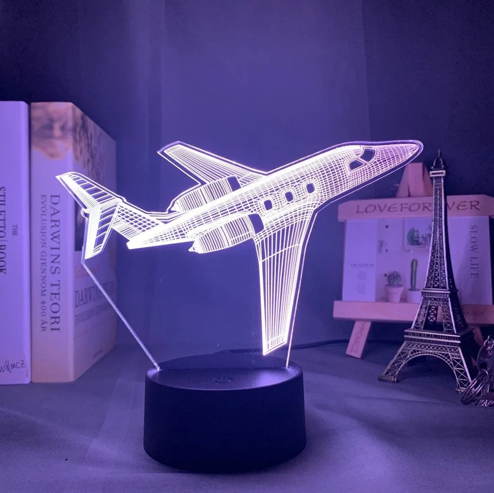 Custom 3D aeroplane hologram night light with personalised name, showing optical acrylic panel and ABS base