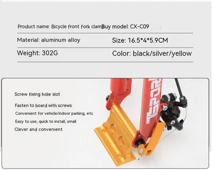 Silver metal bicycle front fork quick release clamp for mounting to a car bike rack.